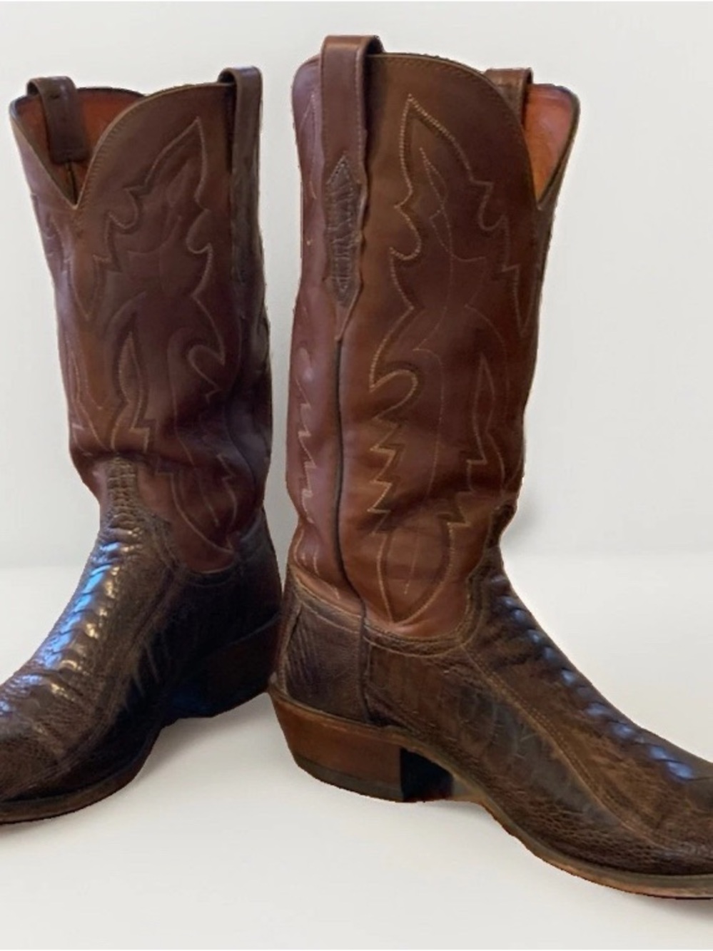 Vintage Lucchese 1883 Brown Ostrich Leg Leather Exotic Cowboy Boots Sz 8.5 EE
